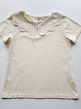 H&M Cream Peter Pan Scalloped Eyelet Collar Short Sleeve Top - Girls 8-10